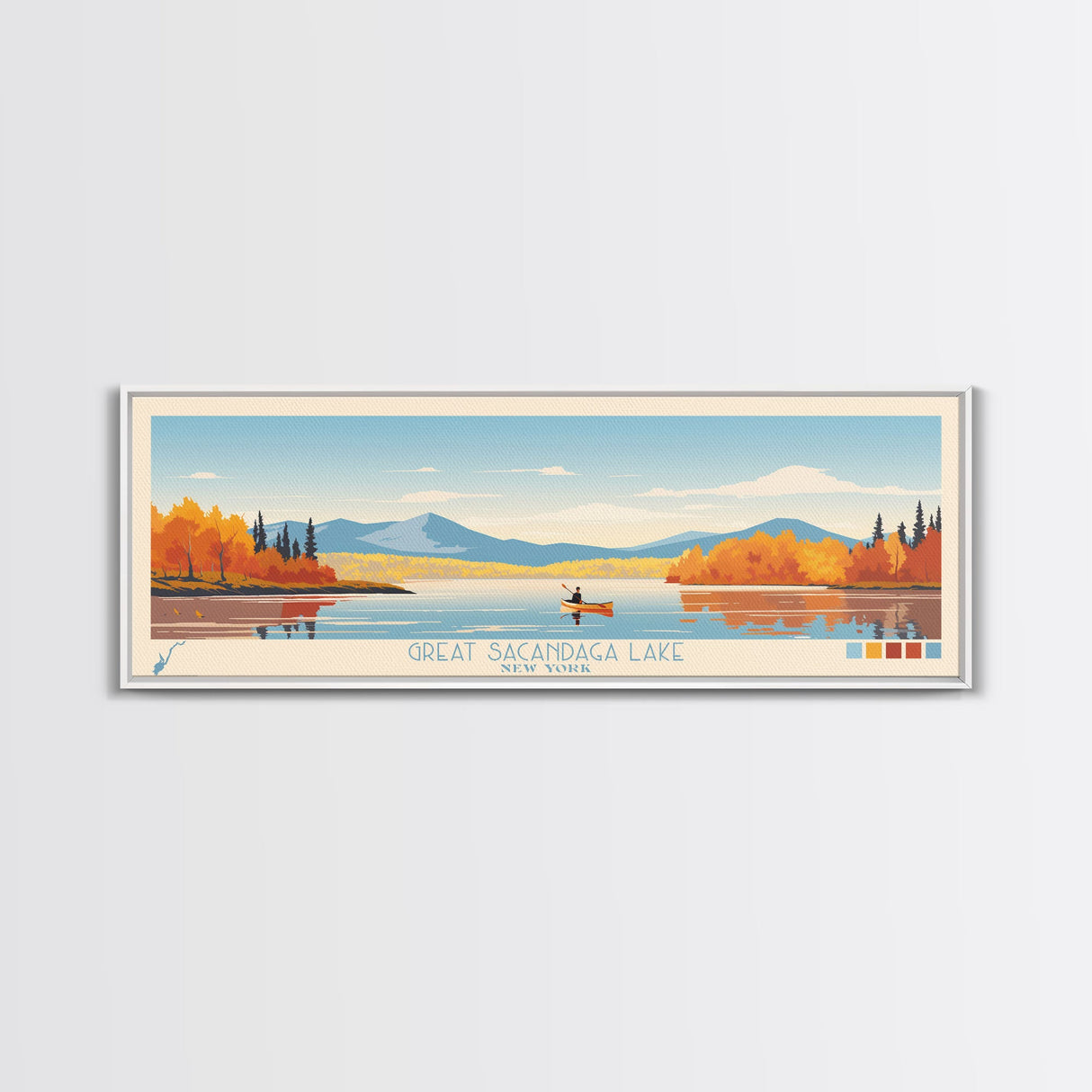 Great Sacandaga Lake New York Framed Canvas Print, Panoramic Art, Midcentury Modern, Pop Art, Bedroom Decor, Travel Poster, Lake House Art, Home Decor