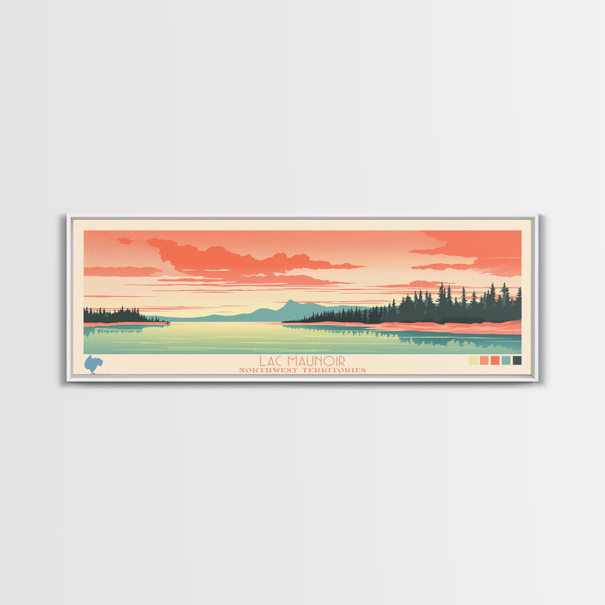 Lac Maunoir Northwest Territories Framed Canvas Print, Panoramic Art, Midcentury Modern, Pop Art, Living Room Wall Art, Travel Poster, Lake House Decor