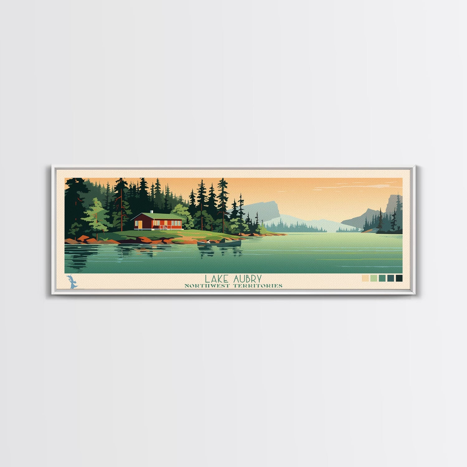 Lake Aubry Northwest Territories Framed Canvas Print, Panoramic Art, Midcentury Modern, Pop Art, Living Room Wall Art, Travel Poster, Lake House Decor