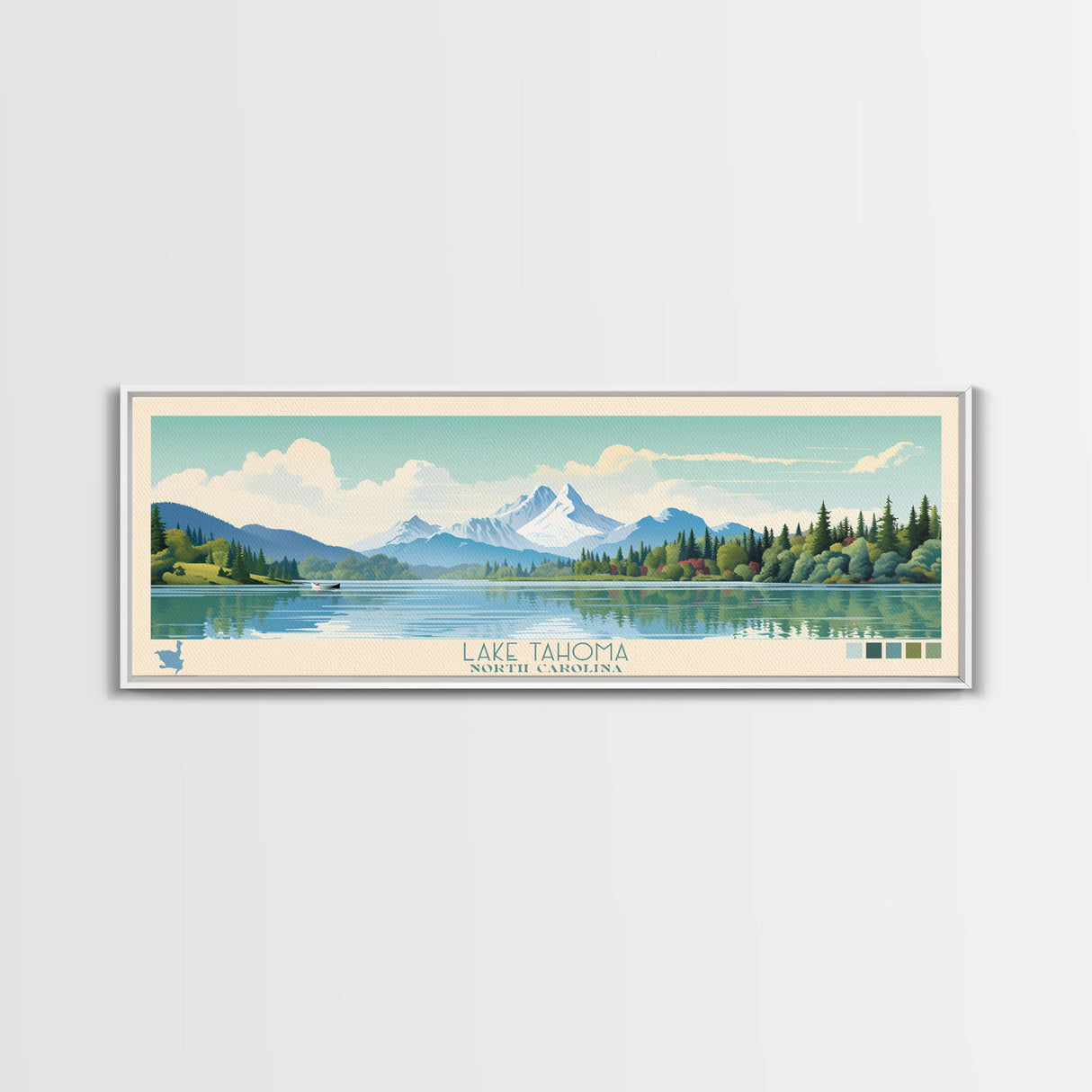 Lake Tahoma North Carolina Framed Canvas Print, Panoramic Wall Art, Midcentury Modern, Pop Art, Living Room Decor, Travel Poster, Lake House Art