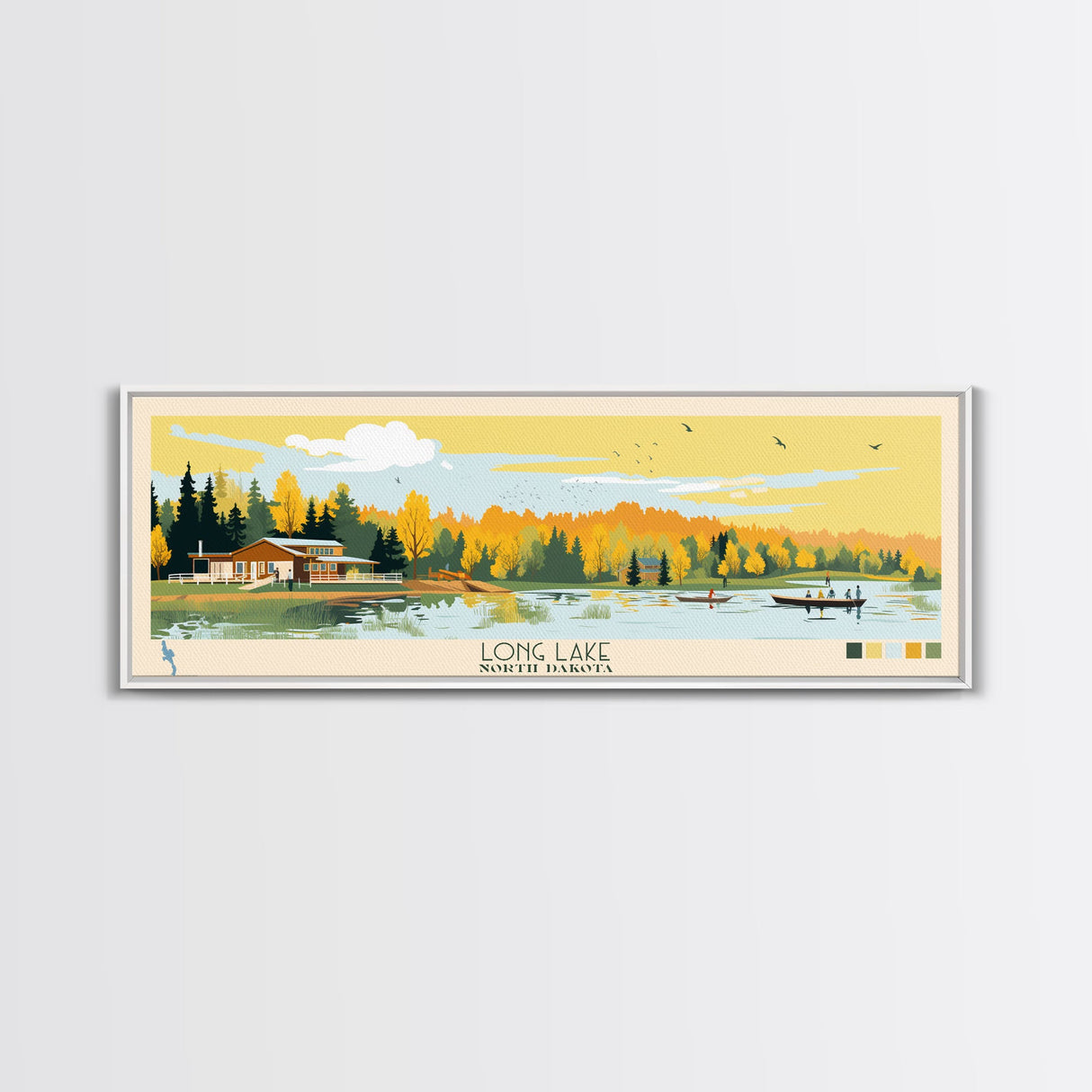 Long Lake, North Dakota Panoramic Wall Art Framed Canvas Print, Midcentury Modern, Pop Art, Home Decor, Travel Poster, Living Room Art