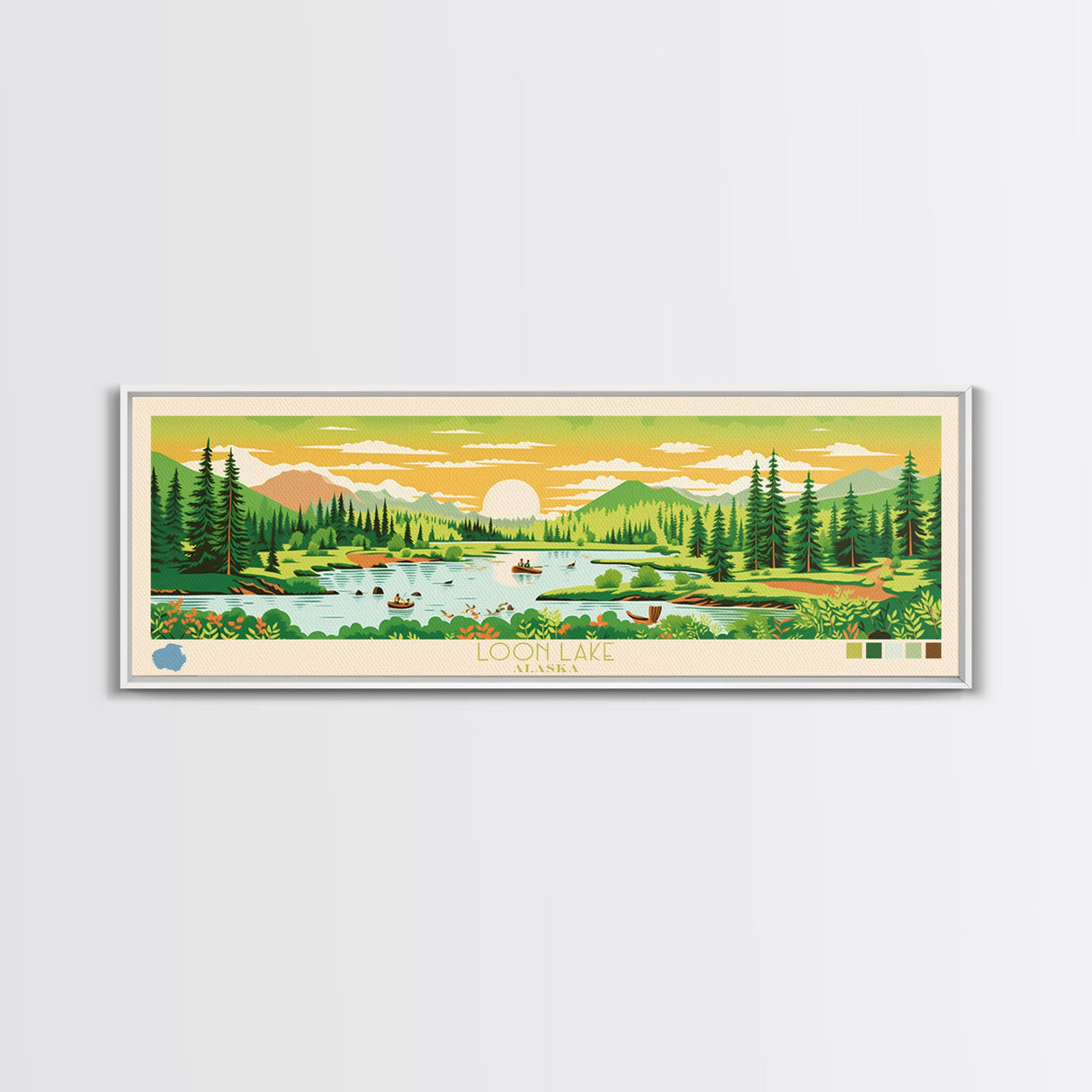 Loon Lake, Alaska Panoramic Wall Art Framed Canvas Print, Midcentury Modern, Pop Art, Home Decor, Travel Poster, Living Room Art