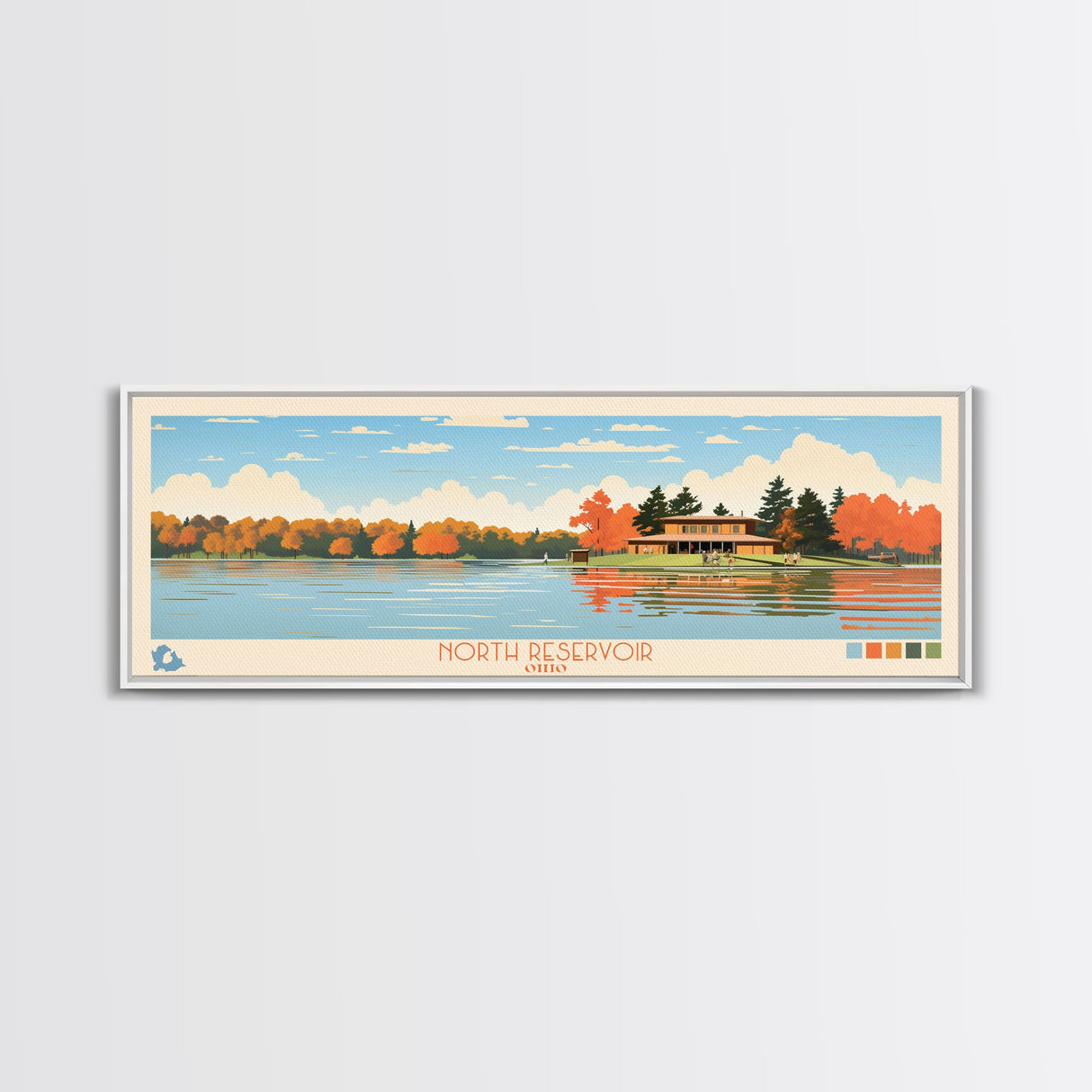 North Reservoir, Ohio Framed Canvas Print, Panoramic Wall Art, Midcentury Modern, Pop Art, Home Decor, Travel Poster, Living Room Art