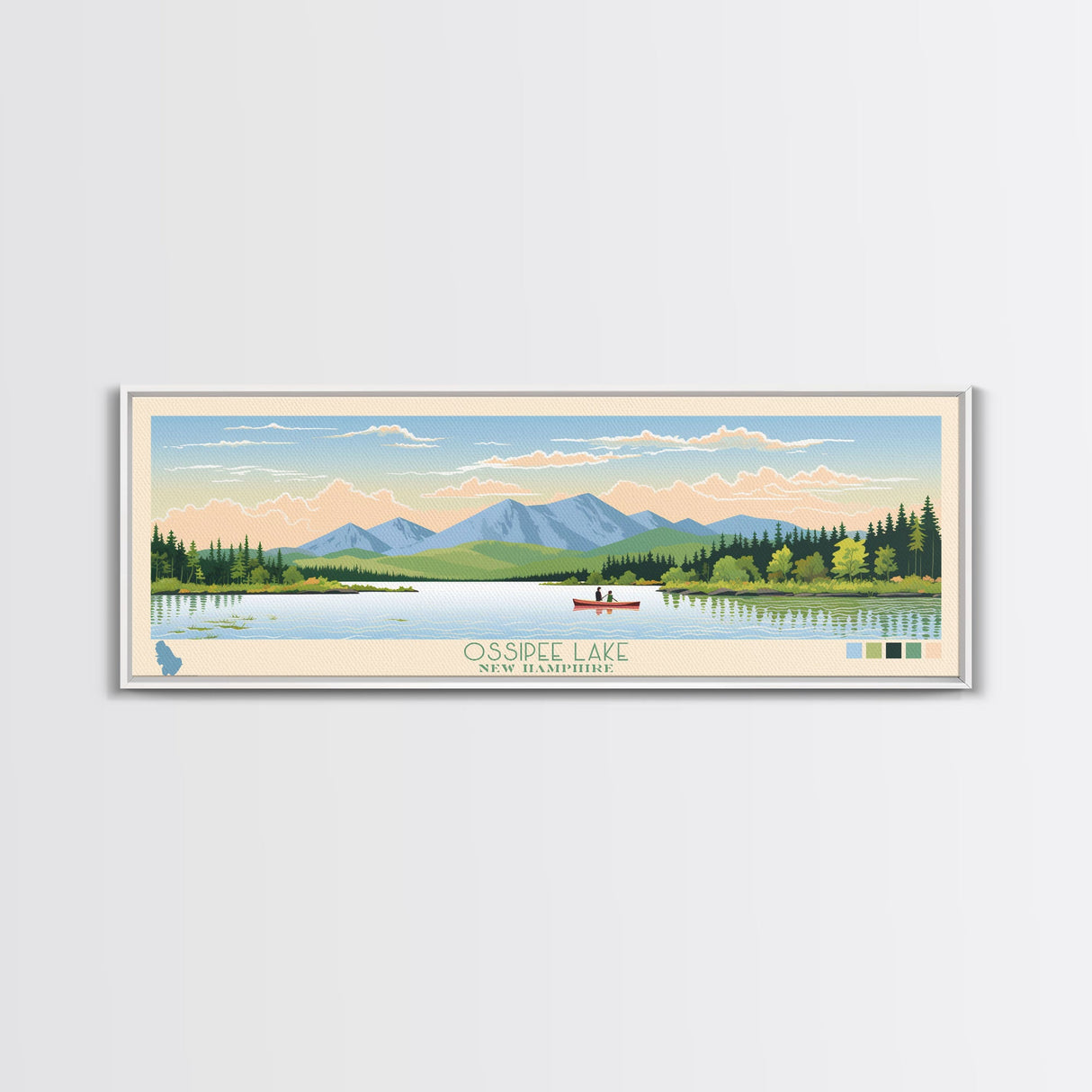 Ossipee Lake, New Hampshire Framed Canvas Print, Panoramic Wall Art, Midcentury Modern, Pop Art, Home Decor, Travel Poster, Bedroom Art