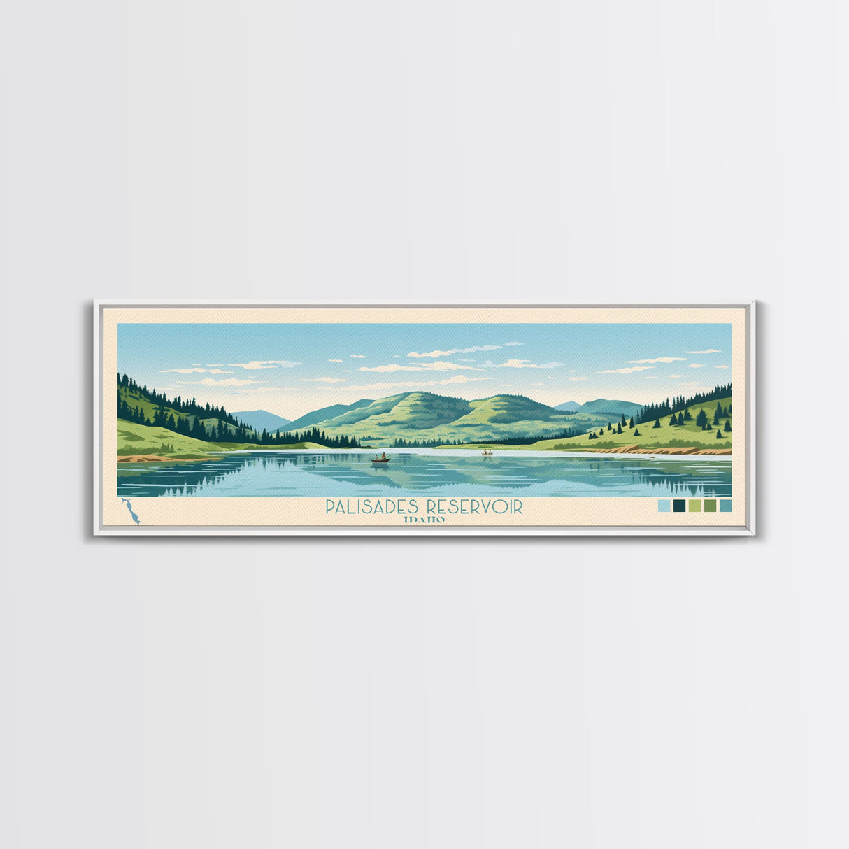 Palisades Reservoir, Idaho Framed Canvas Print, Panoramic Wall Art, Midcentury Modern, Pop Art, Home Decor, Travel Poster, Living Room Art