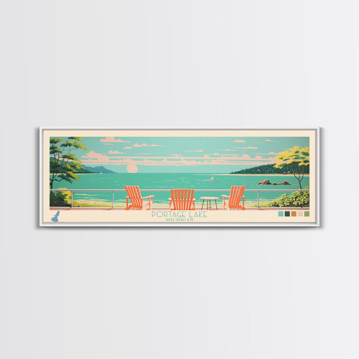 Portage Lake, Michigan Framed Canvas Print, Bedroom Art, Midcentury Modern, Pop Art, Panoramic Wall Art, Travel Poster