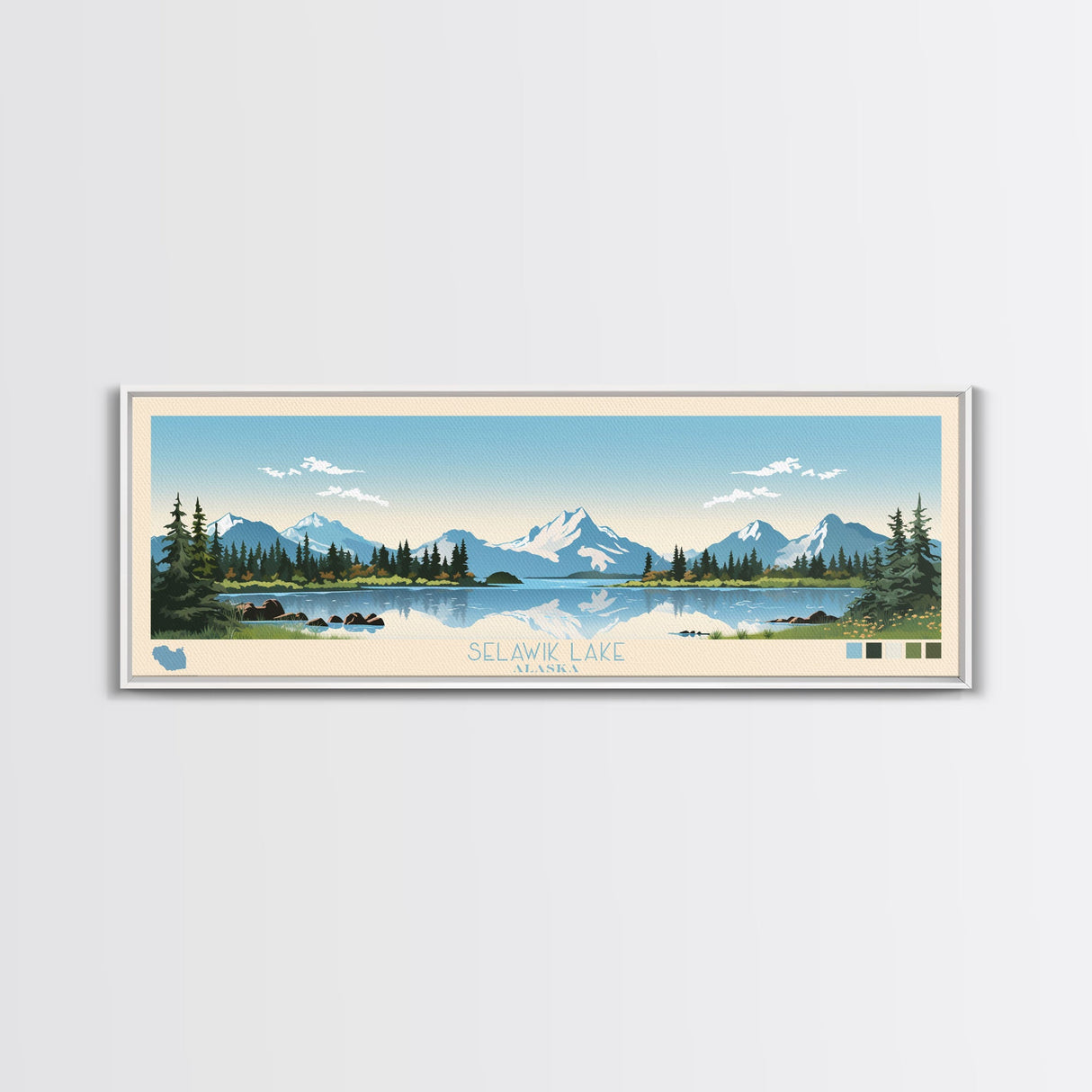 Selawik Lake, Alaska Framed Canvas Print, Panoramic Wall Art, Midcentury Modern Decor, Pop Art, Travel Poster, Home Decoration