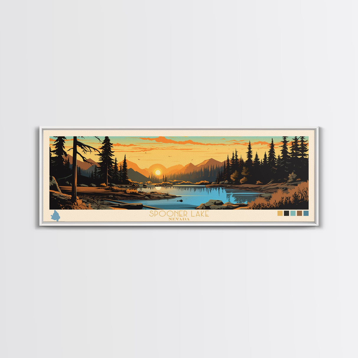 Spooner Lake, Nevada Framed Canvas Print, Lake House Decor, Midcentury Modern Art, Pop Art, Travel Poster, Bedroom Wall Art