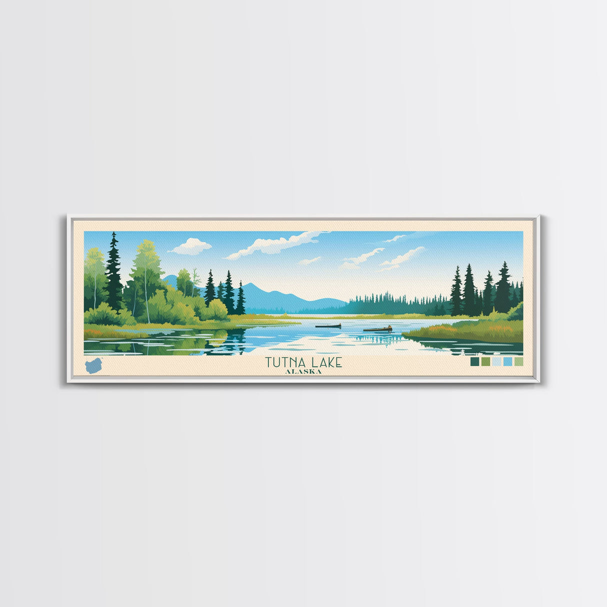 Tutna Lake, Alaska Framed Canvas Print, Lake House Art, Midcentury Modern Decor, Pop Art, Travel Poster, Bedroom Wall Art