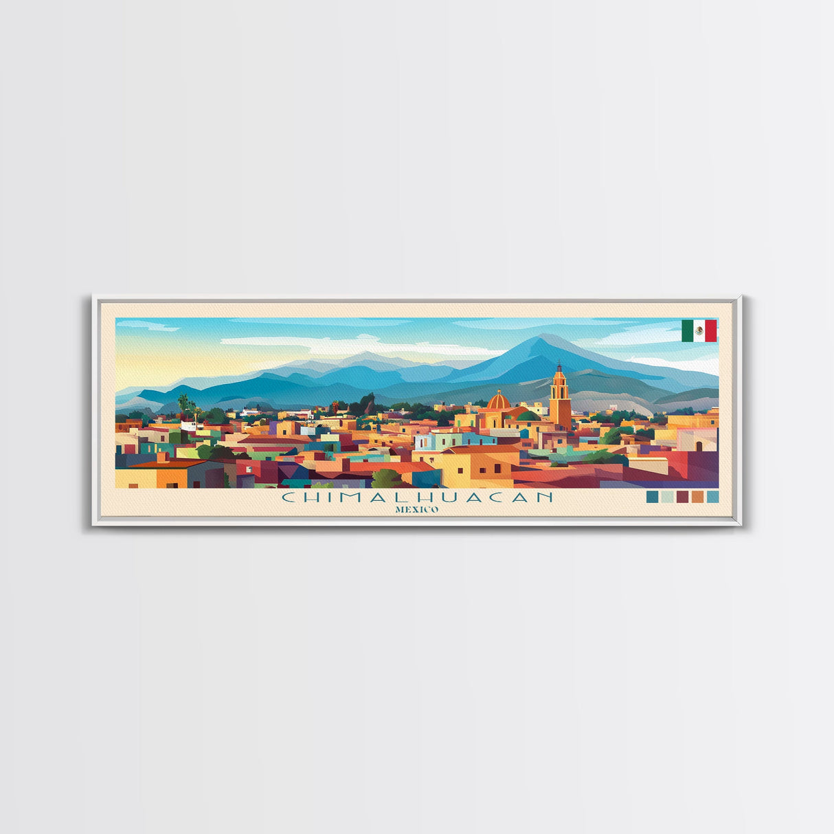 Chimalhuacan, Mexico Panoramic Travel Poster Canvas Print, Chimalhuacan, Mexico Painting, Mexico Art, Chimalhuacan Travel Art, Guest Room Painting