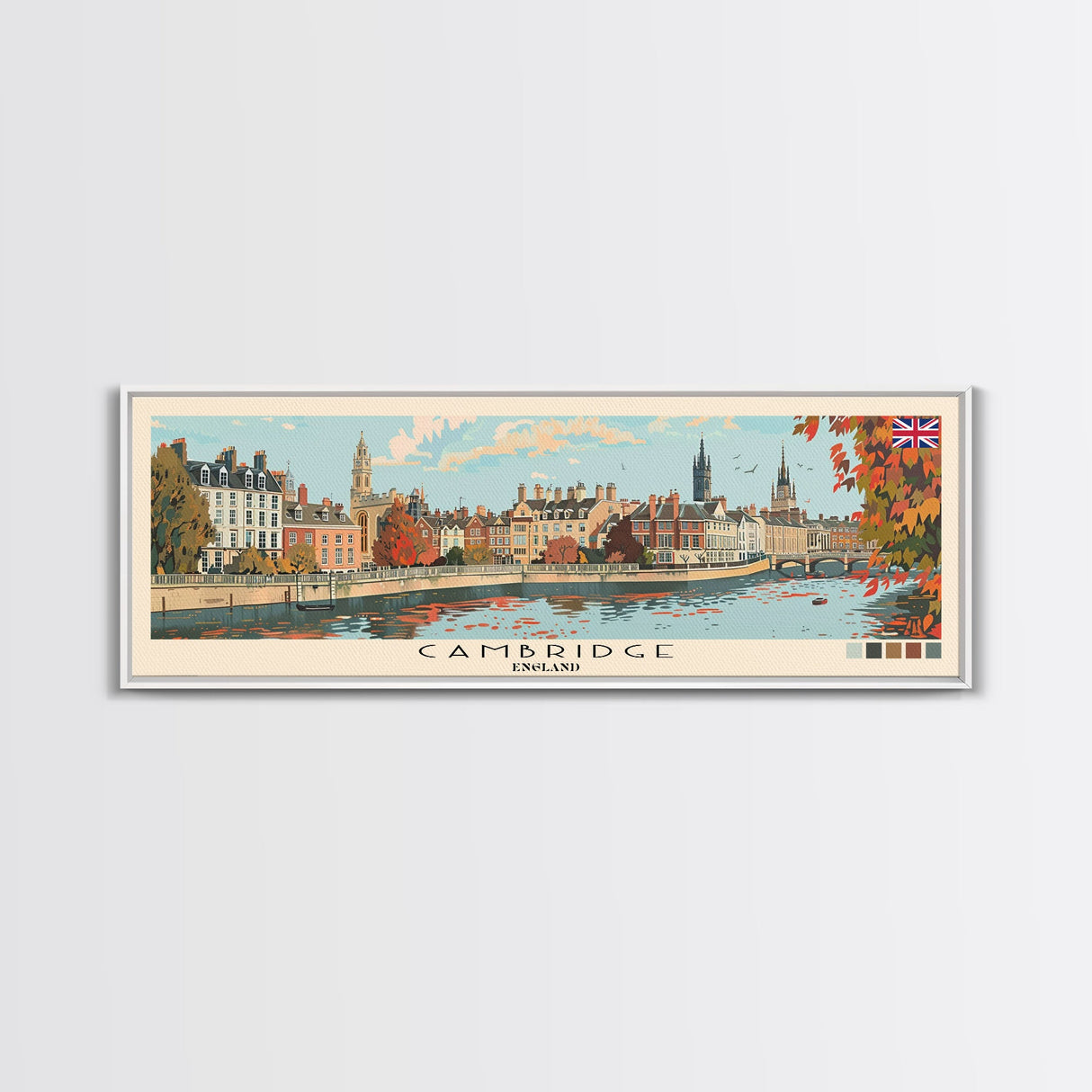 Cambridge, England Panoramic Canvas Print, Cambridge, England Painting, England Art, Cambridge Travel Poster, Travel Art, Living Room Painting