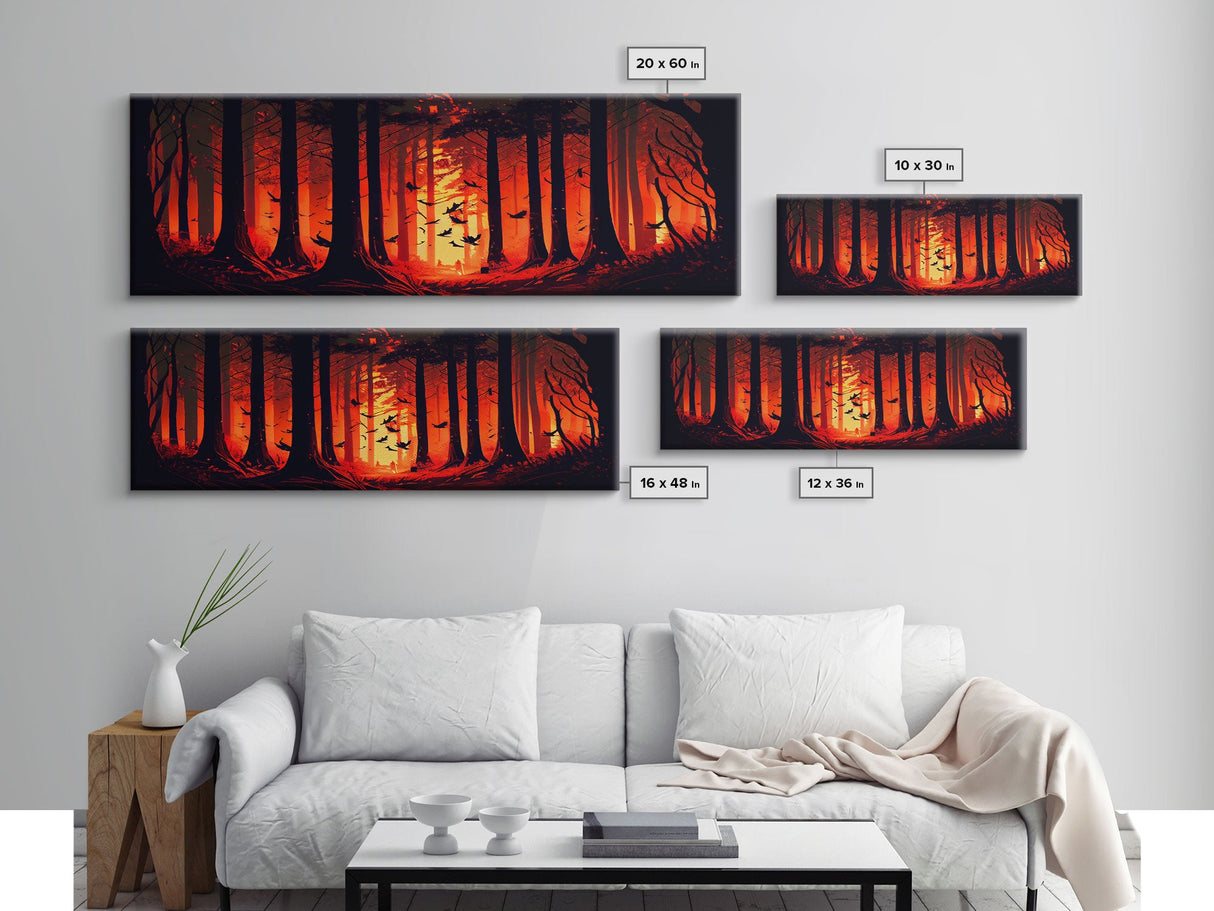 Forest Landscape Art, Forest Fire, Fall / Autumn Decor, Panoramic Wall Art, Framed Canvas Print, Orange and Yellow Fantasy Forest