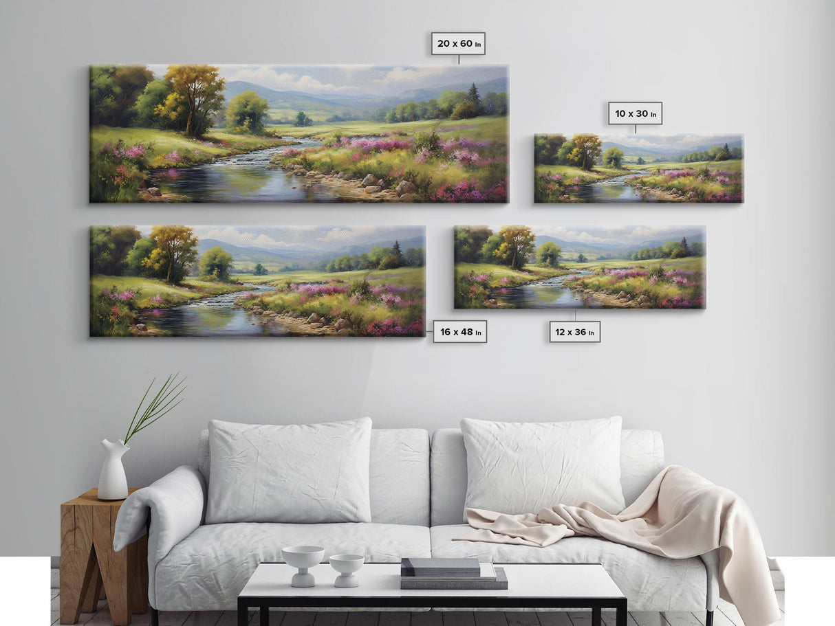 The Meadow, Framed Canvas Print, Framed Wall Art, Large Watercolor Painting, Panoramic Landscape Art Print, Modern Landscape Original Art