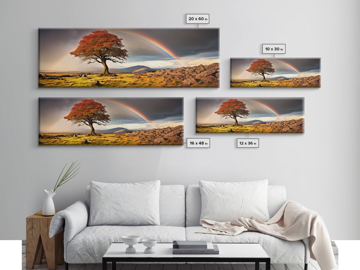 Landscape Wall Art, Vintage Art, Framed Canvas Print, Rainbow Over The Prairie Photography Print, Panoramic Style Extra Large Art