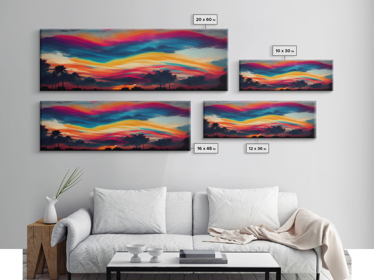 Beautiful Panoramic Sunset Watercolor, Extra Large Wall Art, Framed Panoramic Canvas Print, Framed Wall Art