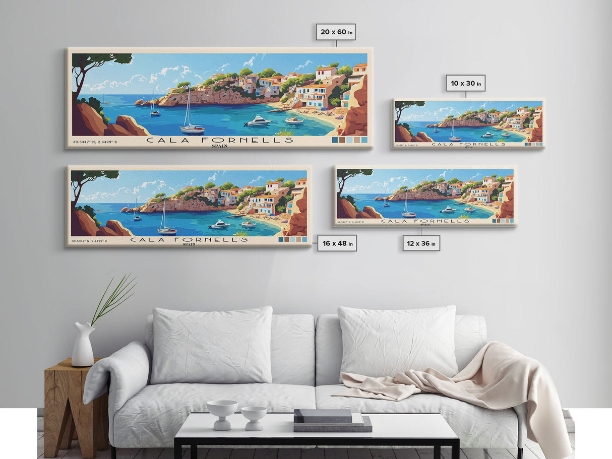 Cala Fornells, Spain Panoramic Beach Print, Vacation Gift, Spain Wall Art, Framed Canvas Print, Framed Beach Painting