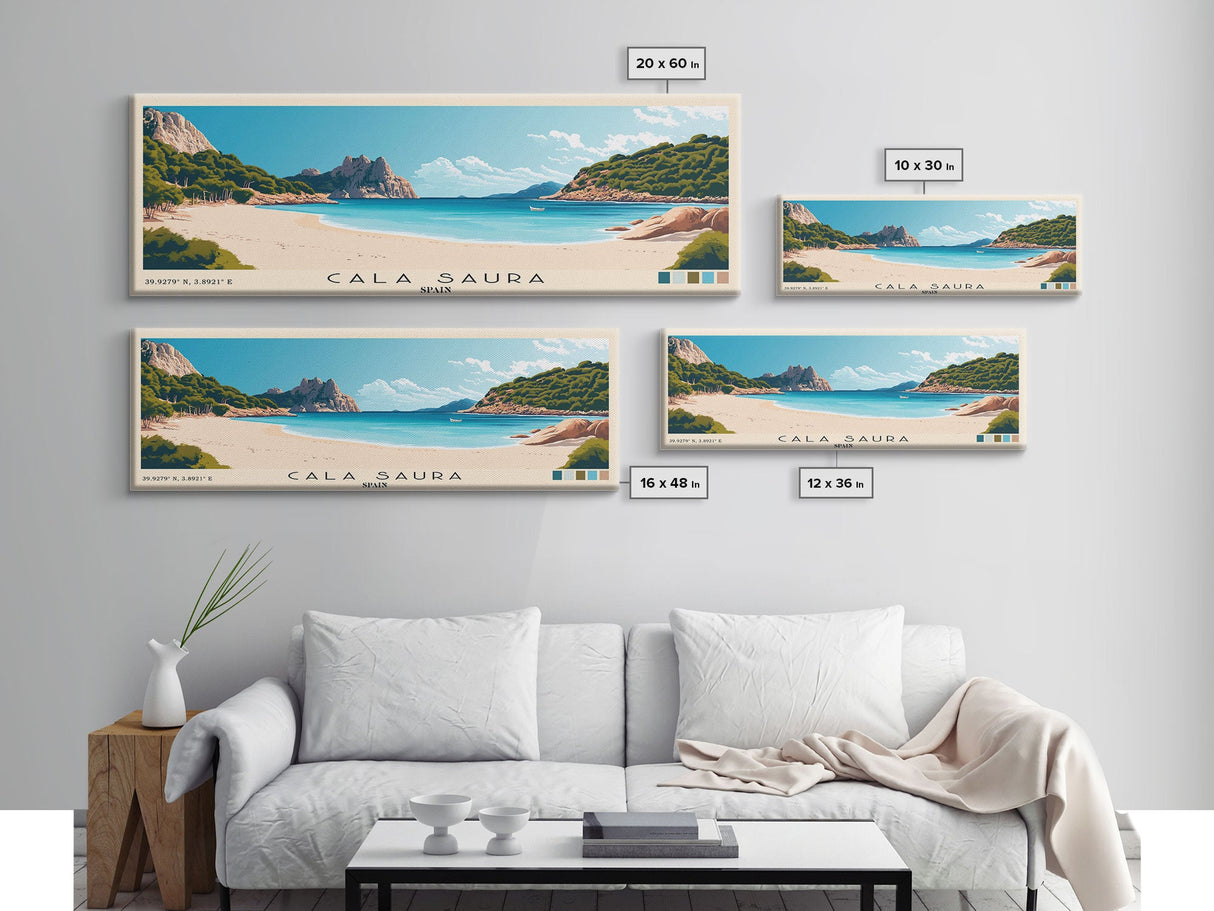 Cala Saura, Spain Panoramic Print, Vacation Gift, Spain Wall Art, Beach Painting, Beach Decor, Large Wall Art, Wood Frame Art