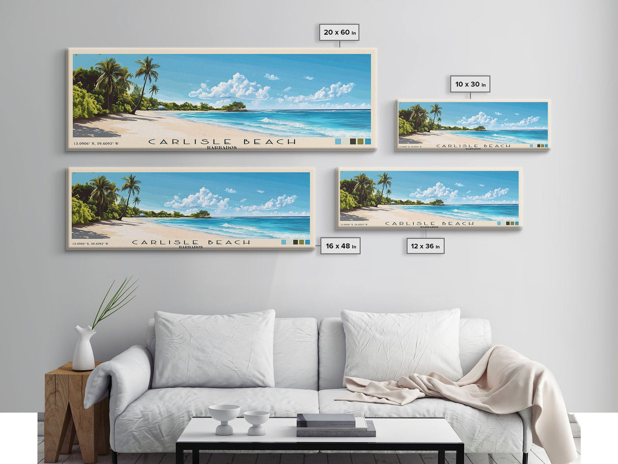Carlisle Beach, Barbados Panoramic Beach Print, Vacation Gift, Barbados Wall Art, Framed Canvas Print, Framed Beach Painting