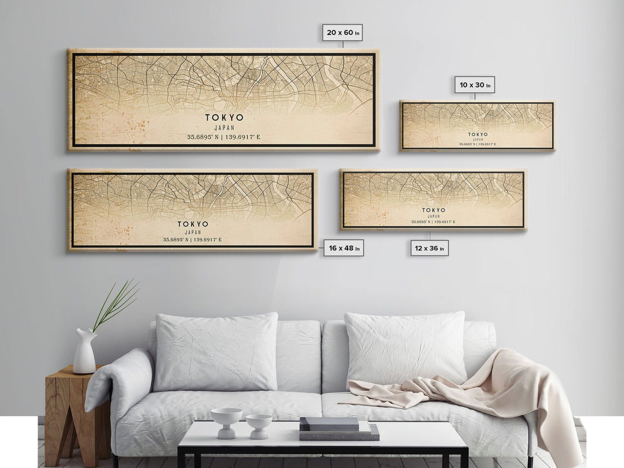 Tokyo Japan Panoramic map print poster or framed canvas, Tokyo map print poster canvas, Japan city map print canvas, Vintage Travel Art