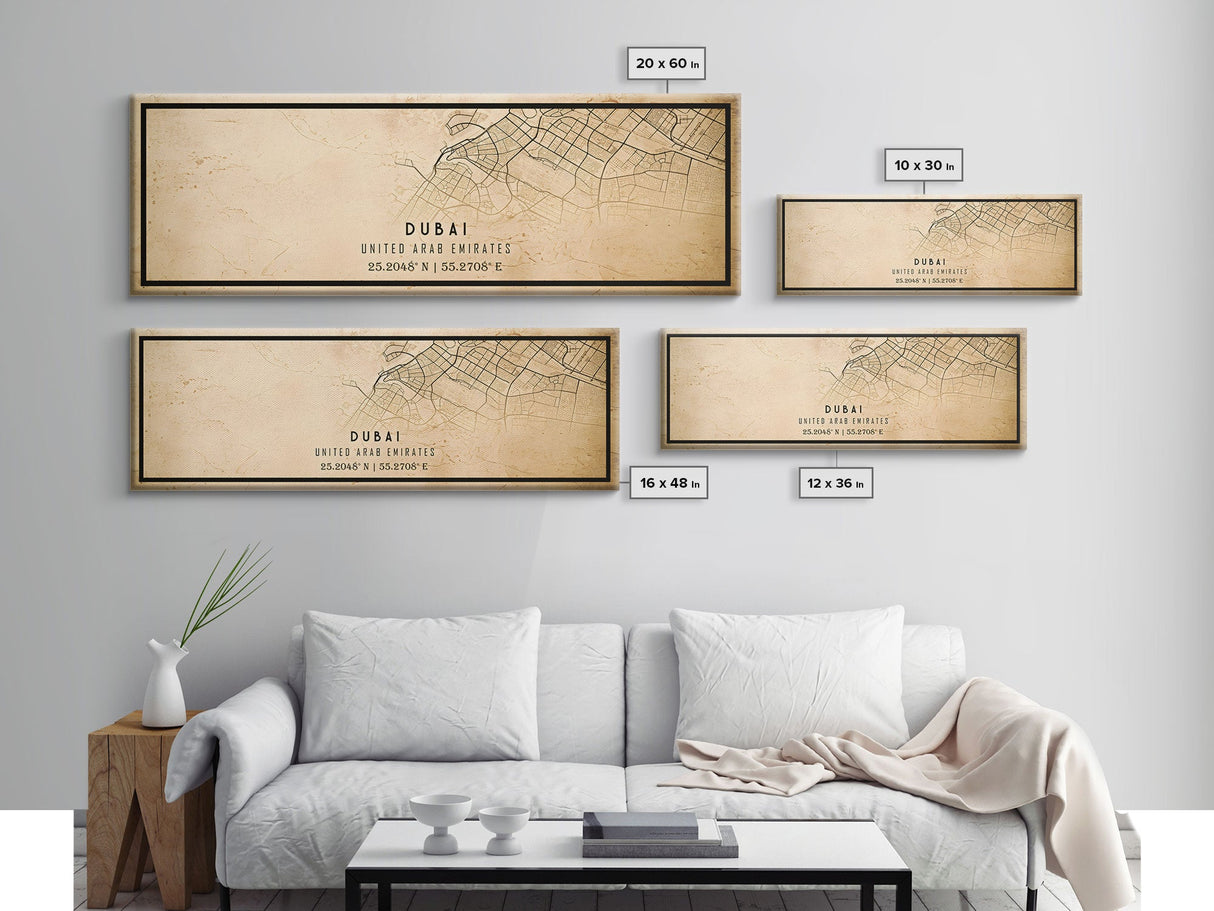 Dubai UAE Panoramic map print poster or framed canvas, Dubai map print poster canvas, Dubai city map print poster canvas, Vintage Travel Art
