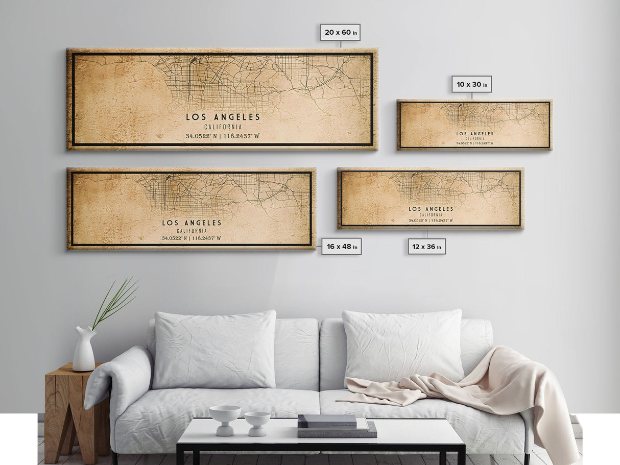 Panoramic Los Angeles Vintage Map Print | Los Angeles Map | California Map Art | City Road Map Poster | Distressed / Retro LA Street Art