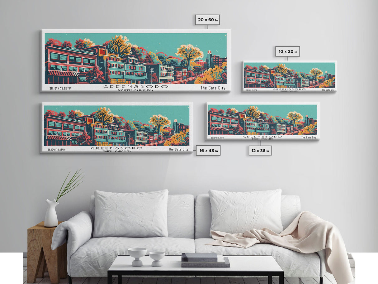 Greensboro North Carolina Travel Poster Framed Canvas Print, Panoramic Mid Century Modern Art, Pop Art Style, Wall Decor, Home Decor, Retro Style Art