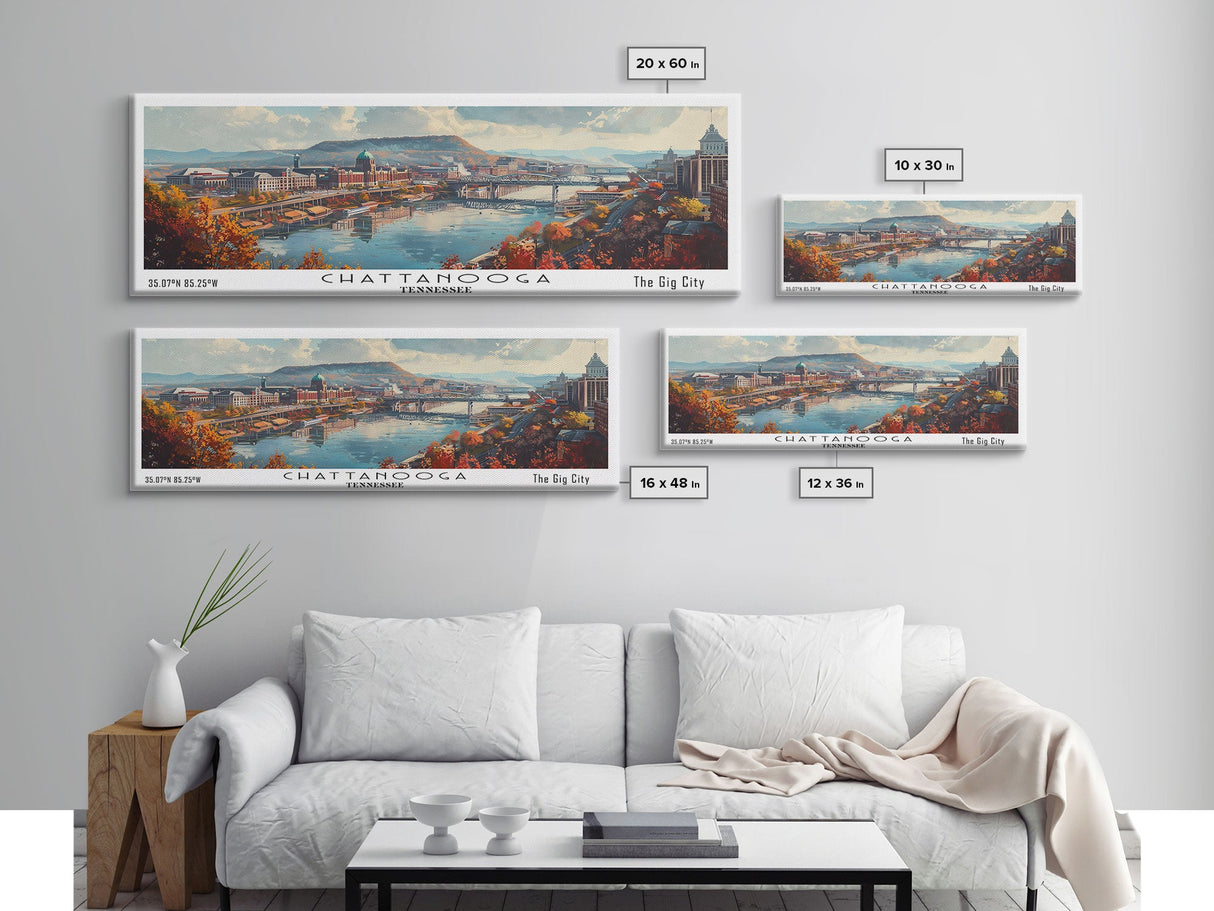 Chattanooga Tennessee Panoramic Watercolor Painting Framed Canvas Print, Travel Poster Art, Scenic Landscape, Living Room Decor, Wall Hanging, Office Art, Tennessee-Themed Gift