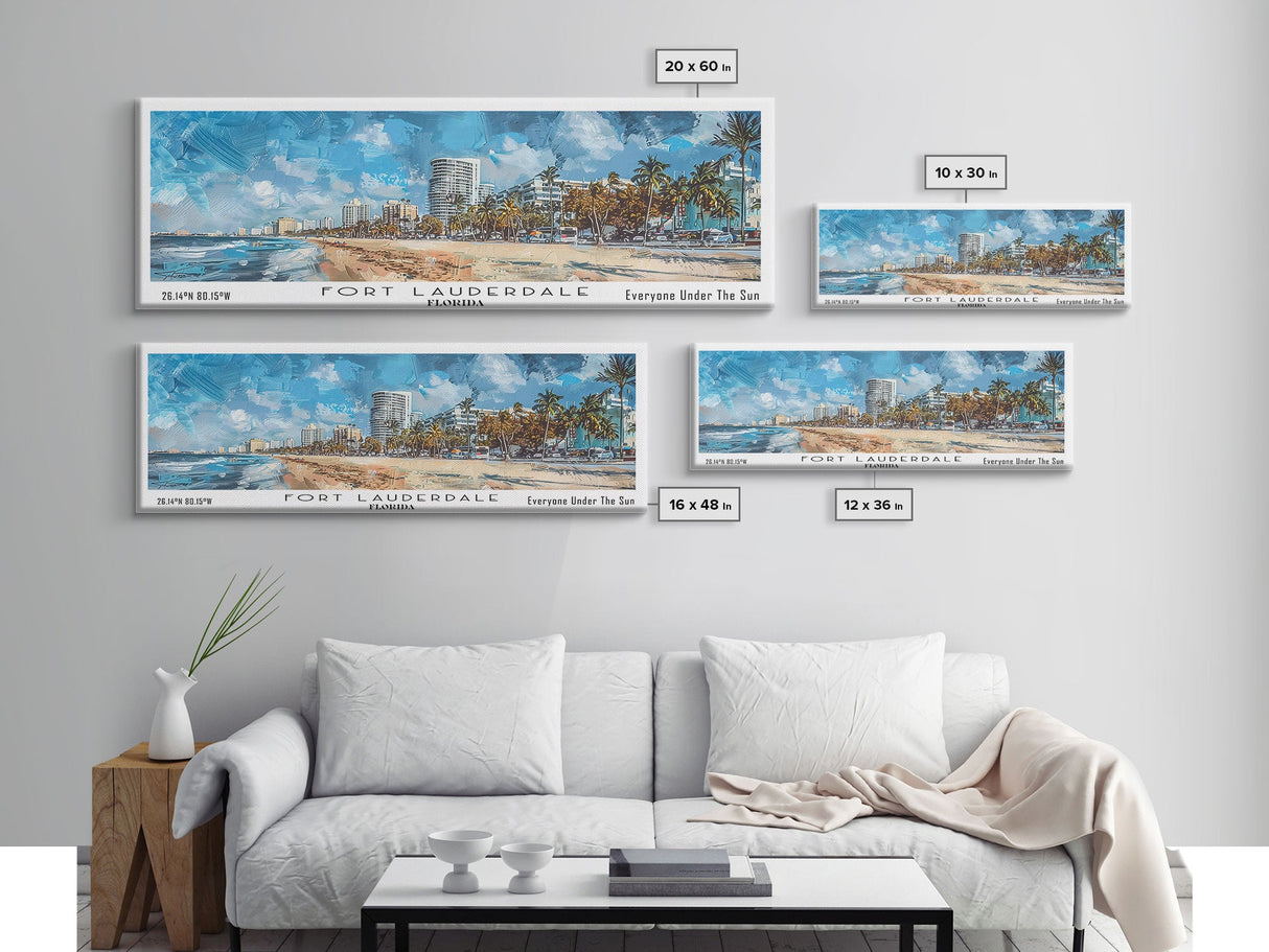 Fort Lauderdale Florida Panoramic Watercolor Painting, Scenic Framed Canvas Print, Urban Wall Art for Living Room, Travel Poster, Home Decor, City Gift Idea