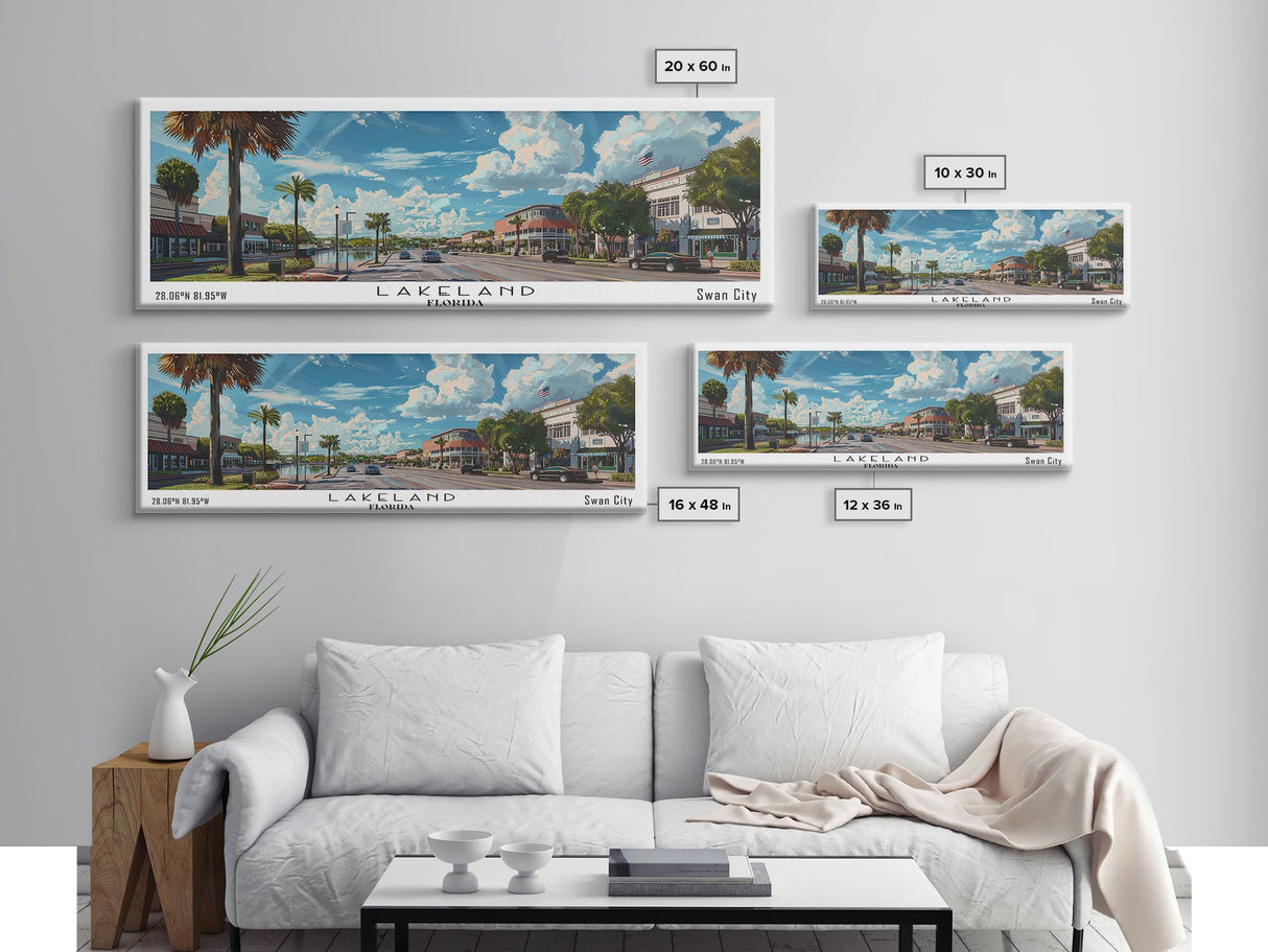 Lakeland Florida Panoramic Cityscape Wall Art, Watercolor Framed Canvas Print, Urban Painting for Living Room, Office Decor, Travel Poster