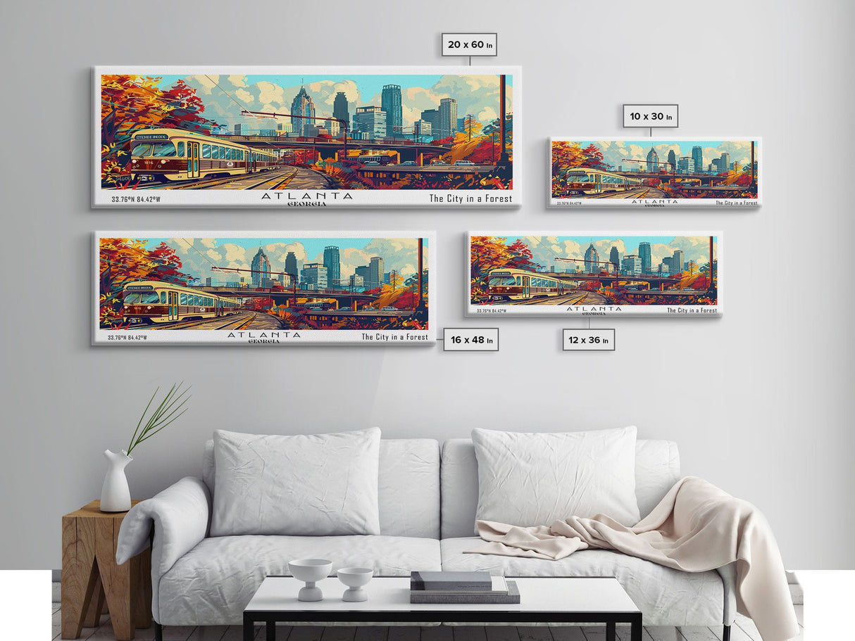 Atlanta Georgia Panoramic Wall Art Framed Canvas Print, Mid Century Modern Art, Pop Art Style, Travel Poster, Home Decor, Wall Hanging