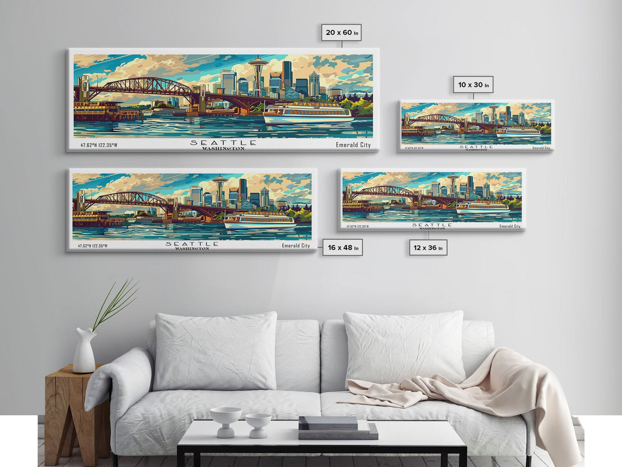 Seattle Washington Panoramic Painting, Mid Century Modern Framed Canvas Print, Retro Style Wall Art, Pop Art Travel Poster