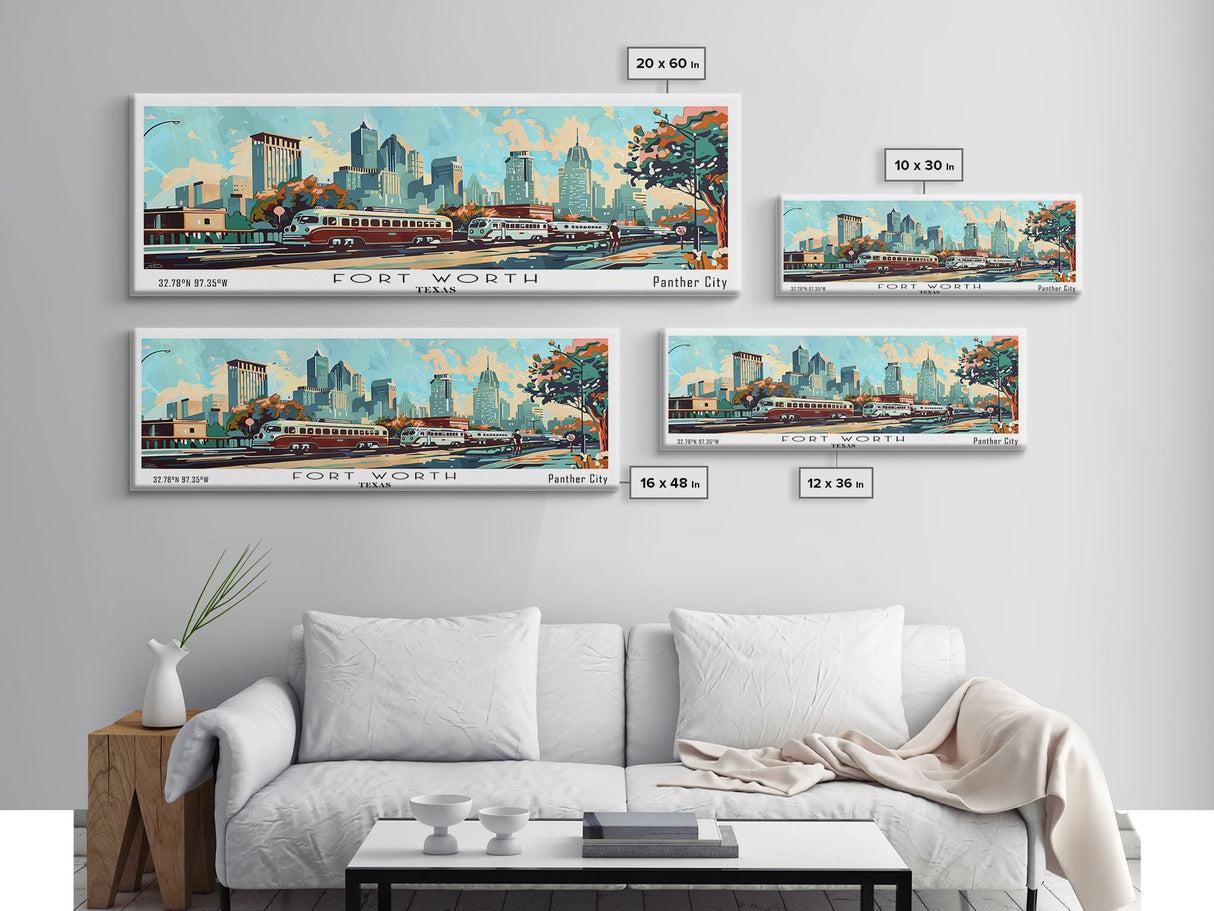 Fort Worth Texas Panoramic Wall Art, Mid Century Modern Framed Canvas Print, Retro Pop Art Travel Poster, Office Art, Living Room Decor