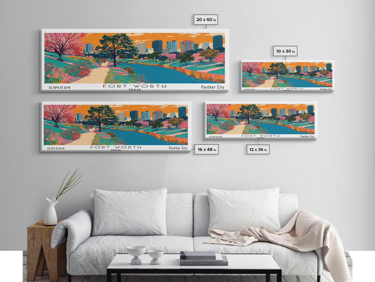 Fort Worth Texas Panoramic Painting, Mid Century Modern Framed Canvas Print, Retro Pop Art Travel Poster, Office Wall Decor