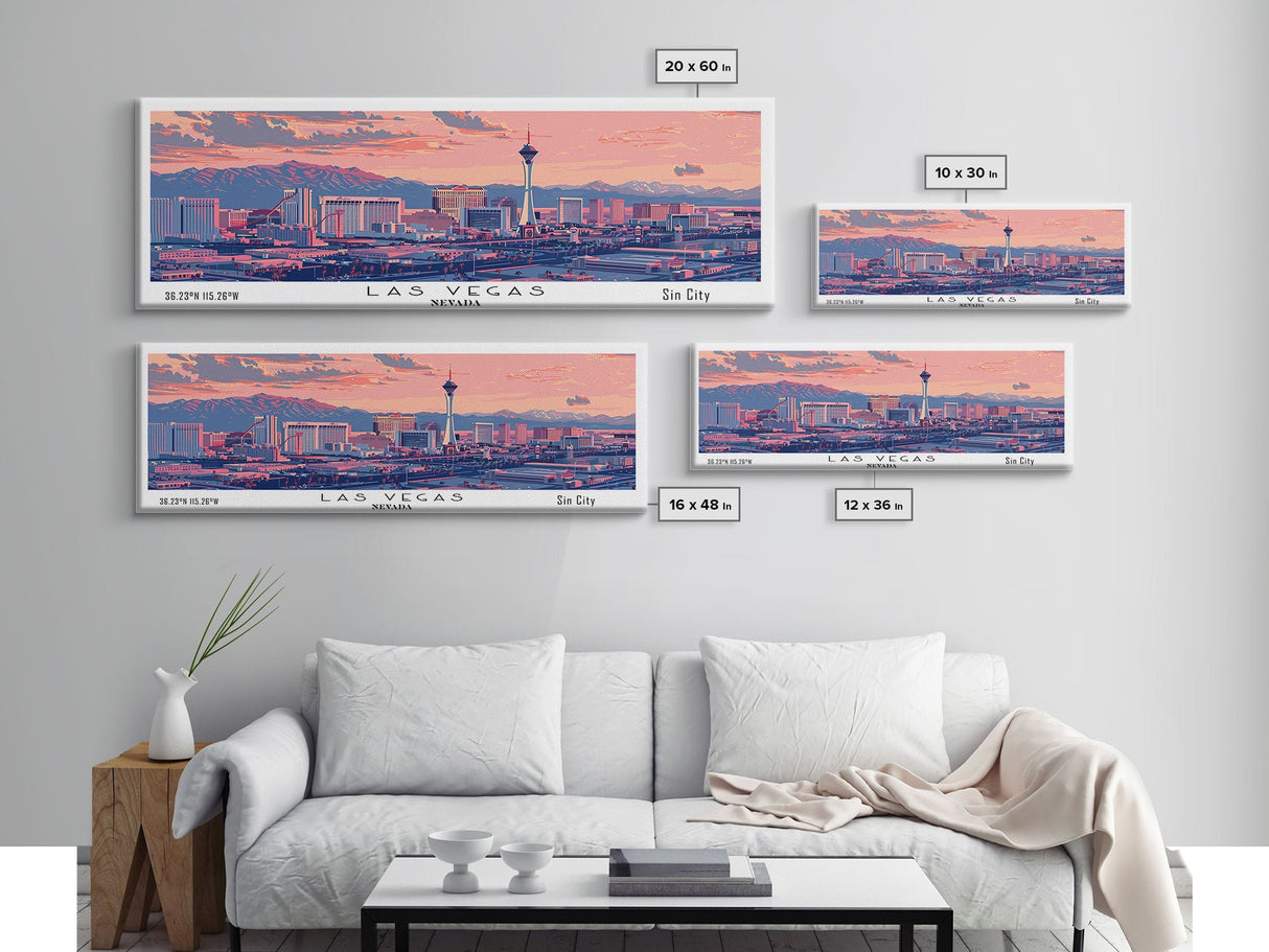Las Vegas Nevada Panoramic Painting, Mid Century Modern Framed Canvas Print, Retro Pop Art Travel Poster, Living Room Art