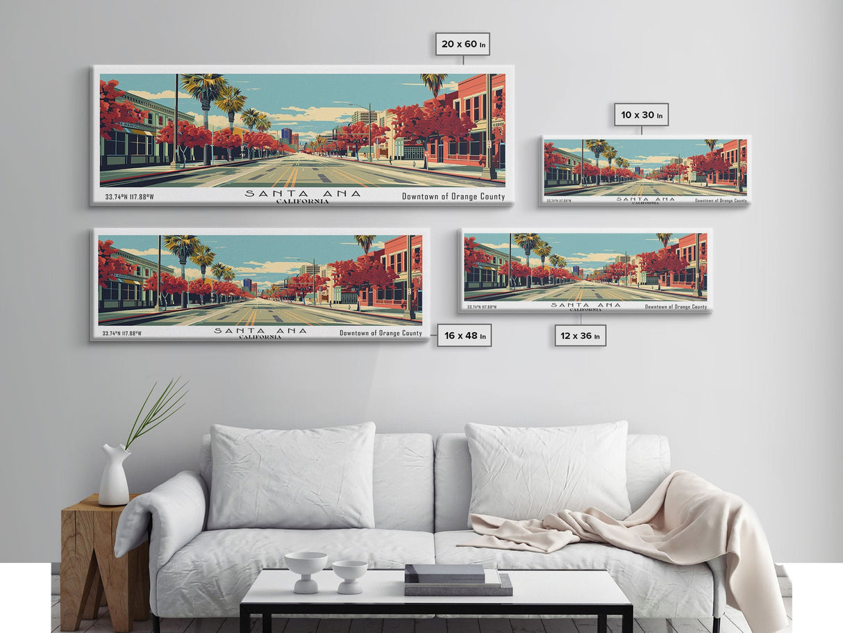 Santa Ana California Panoramic Wall Art, Mid Century Modern Framed Canvas Print, Retro Pop Art Cityscape, Travel Poster, Living Room Decor