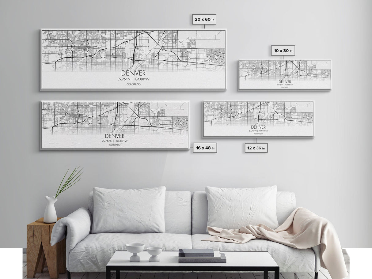 Panoramic Denver City Map, Colorado Art, Map Print, Minimalist Wall Art, Canvas Art, Housewarming Gift, Street Map Art, Closing Gift