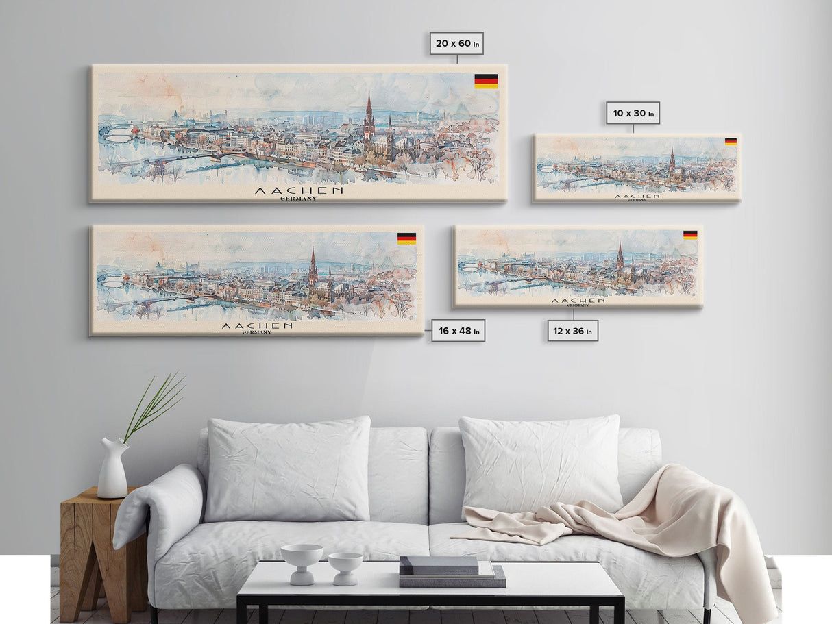 Aachen Germany Panoramic Travel Poster, Framed Canvas Print or Metal Wall Art, Travel Art, Home Decor, Panoramic Painting, Midcentury Art