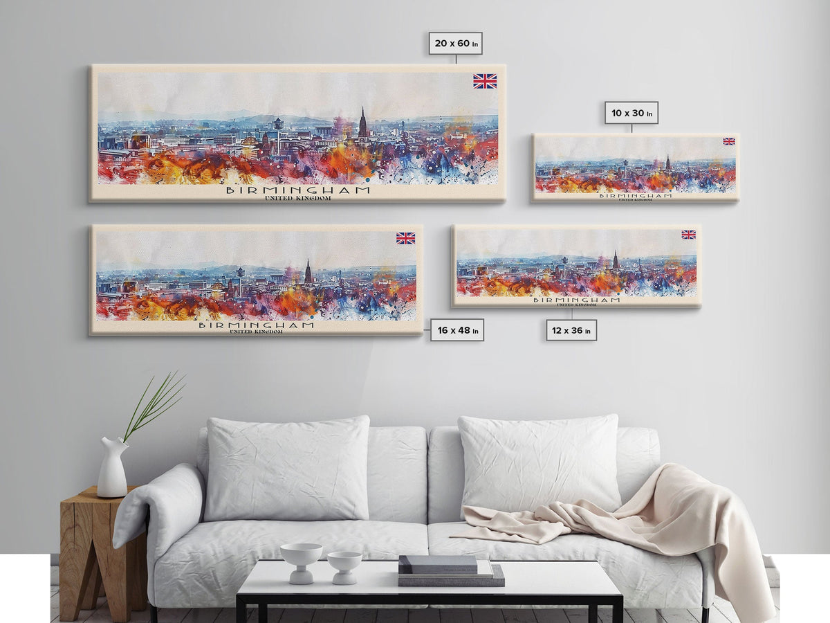 Birmingham United Kingdom Travel Print Wall Art, Panoramic City Art, Travel Art, Wall Decor, Vacation Gift, Framed Canvas Print Or Metal Art