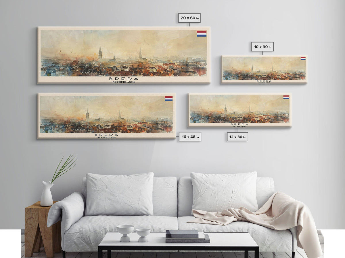 Breda Netherlands Panoramic Travel Poster, Framed Canvas Print or Metal Wall Art, Travel Art, Home Decor, Panoramic Painting, Midcentury Art
