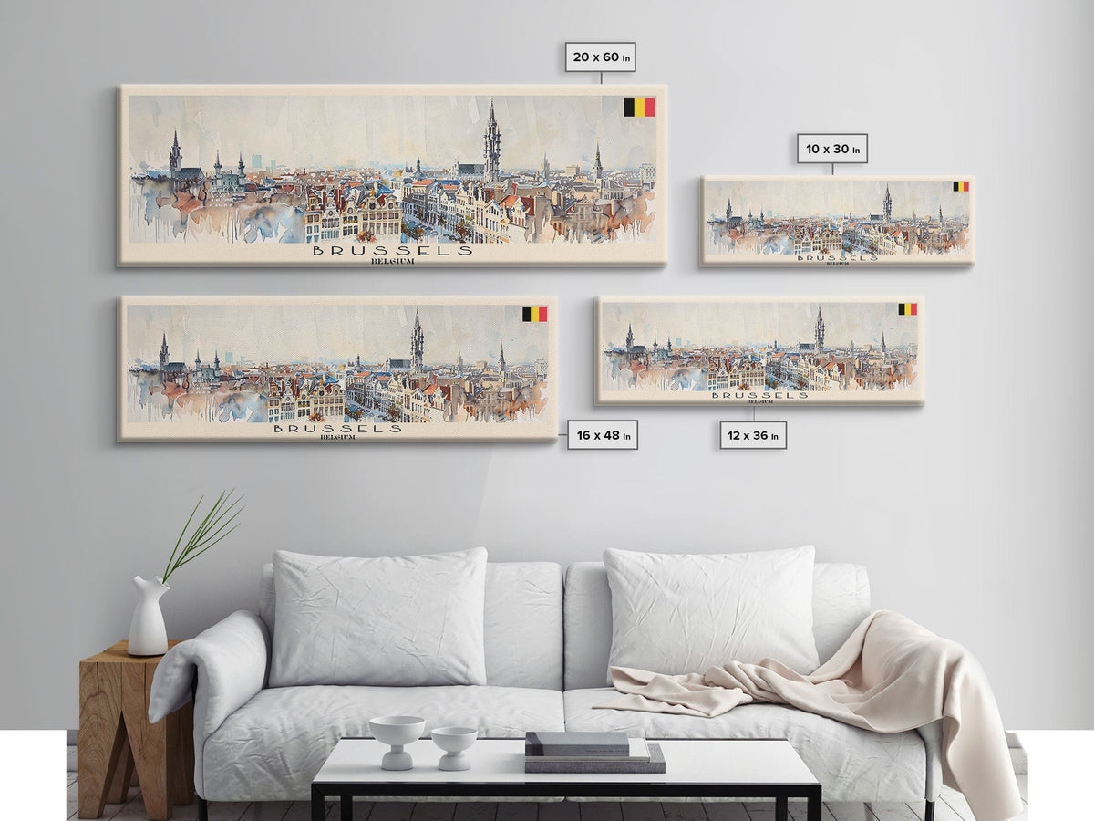 Brussels Belgium Panoramic Travel Poster, Framed Canvas Print or Metal Wall Art, Travel Art, Home Decor, Panoramic Painting, Midcentury Art
