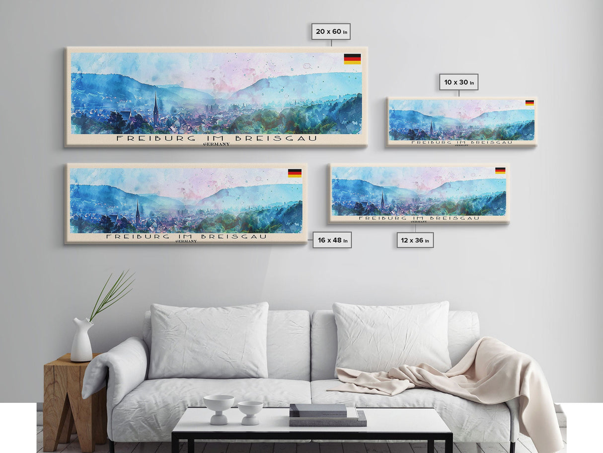 Freiburg Germany Panoramic Travel Poster, Framed Canvas Print or Metal Wall Art, Travel Art, Home Decor, Panoramic Painting, Midcentury Art