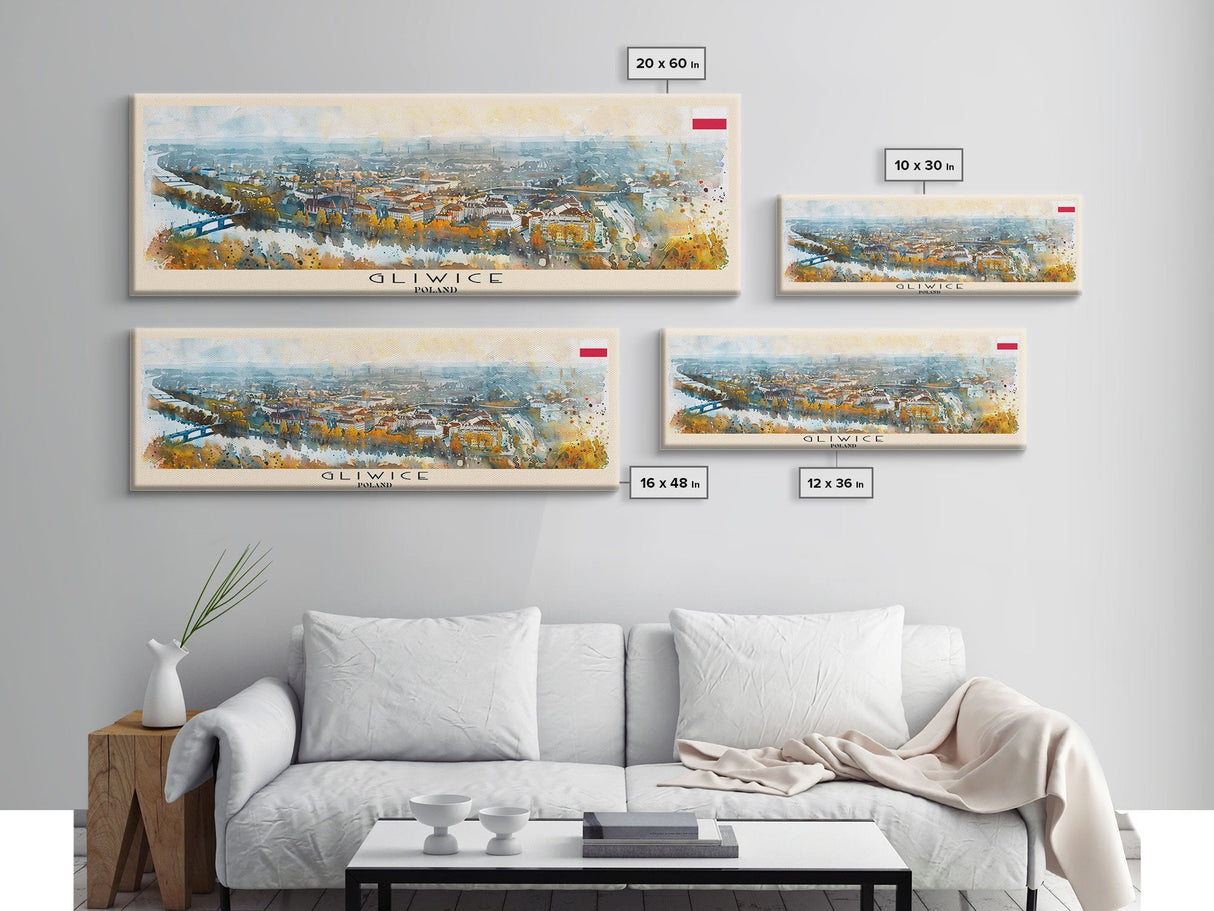Gliwice Poland Panoramic Travel Poster, Framed Canvas Print or Metal Wall Art, Travel Art, Home Decor, Panoramic Painting, Midcentury Art
