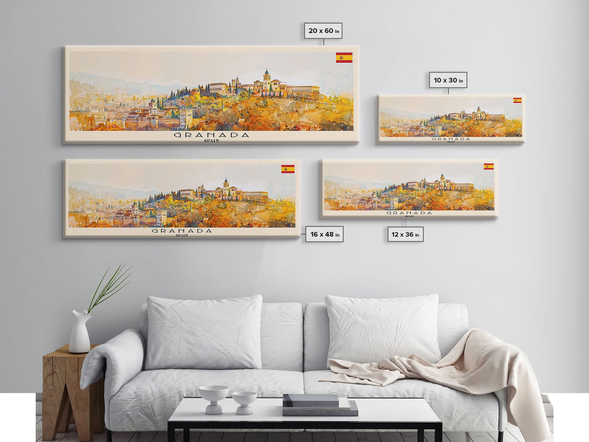 Granada Spain Panoramic Travel Poster, Framed Canvas Print or Metal Wall Art, Travel Art, Home Decor, Panoramic Painting, Midcentury Art
