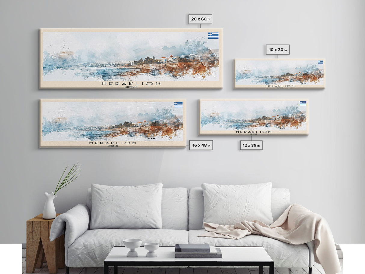 Heraklion Greece Panoramic Travel Poster, Framed Canvas Print or Metal Wall Art, Travel Art, Home Decor, Panoramic Painting, Midcentury Art