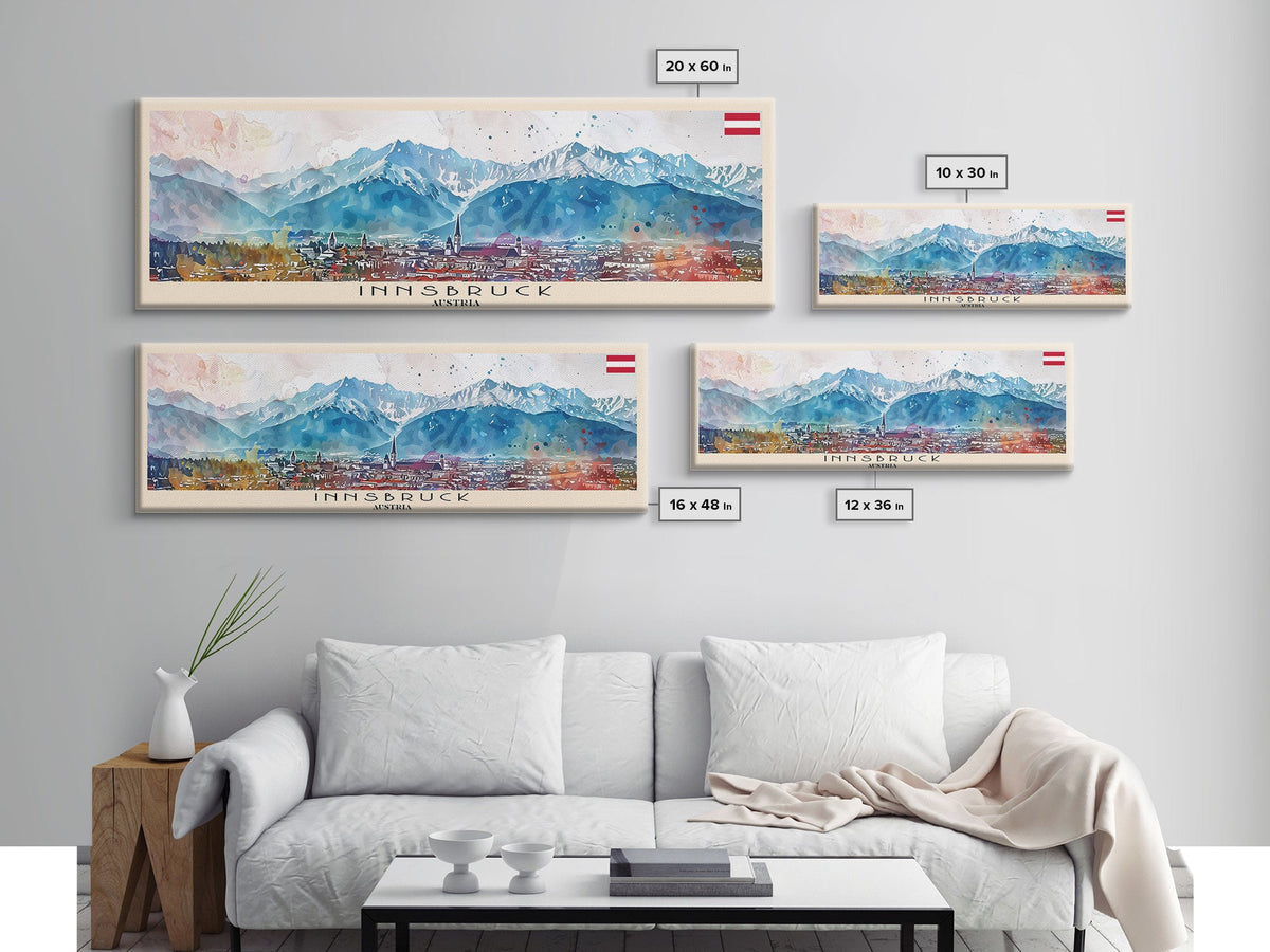 Innsbruck Austria Panoramic Travel Poster, Framed Canvas Print or Metal Wall Art, Travel Art, Home Decor, Panoramic Painting, Midcentury Art