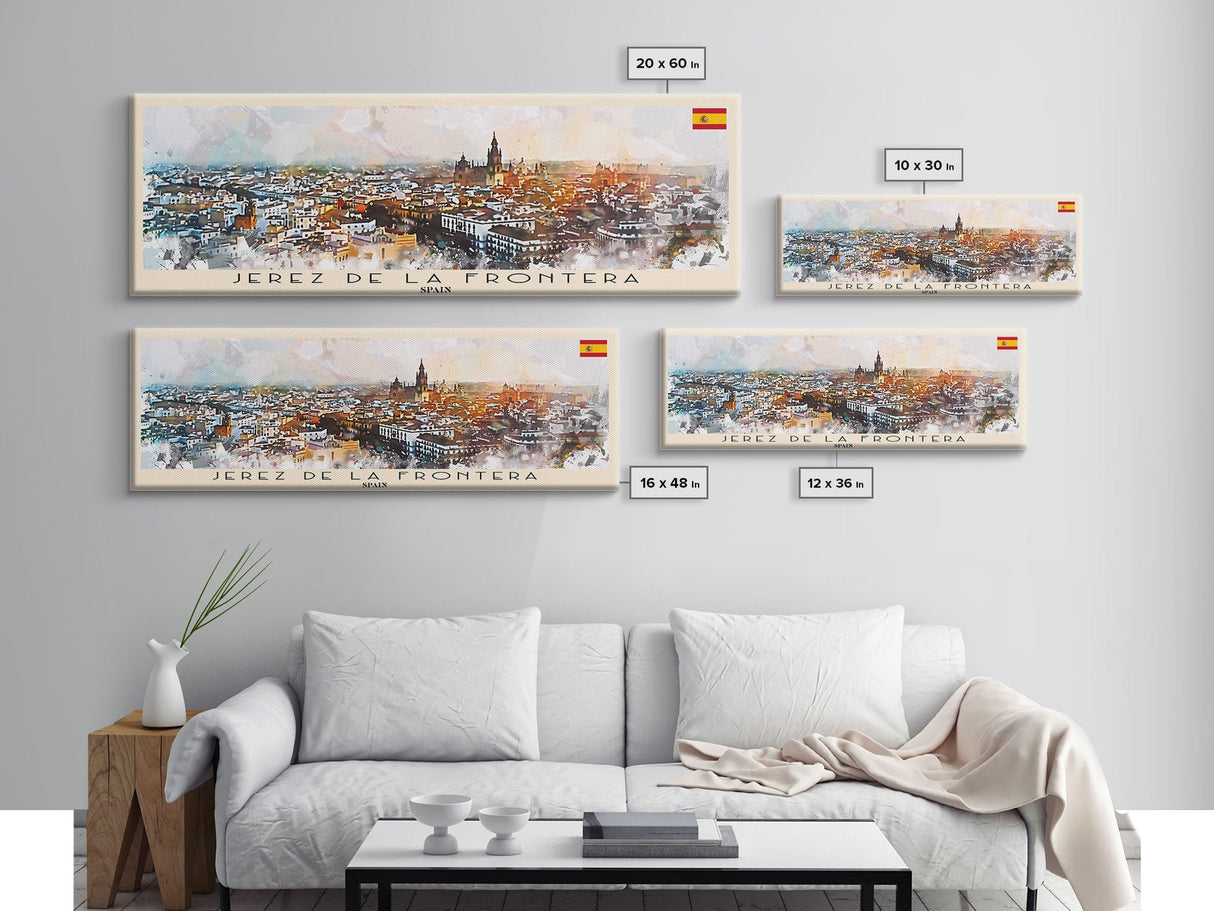 Jerez De La Frontera Spain Panoramic Travel Poster, Framed Canvas Print or Metal Wall Art, Travel Art, Home Decor, Panoramic Painting, Midcentury Art