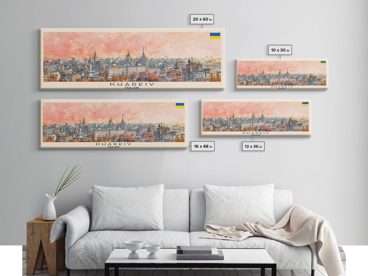 Kharkiv Ukraine Panoramic Travel Poster, Framed Canvas Print or Metal Wall Art, Travel Art, Home Decor, Panoramic Painting, Midcentury Art