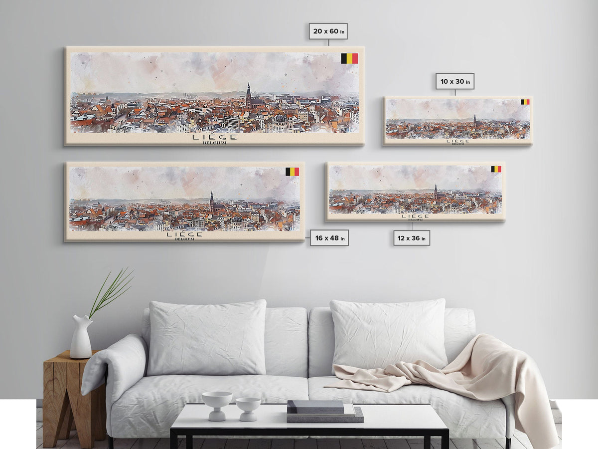 Liege Belgium Panoramic Travel Poster, Framed Canvas Print or Metal Wall Art, Travel Art, Home Decor, Panoramic Painting, Midcentury Art