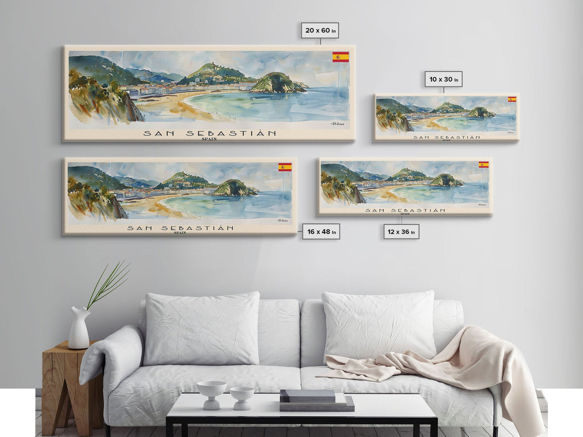 San Sebastian Spain Panoramic Travel Poster, Framed Canvas Print or Metal Wall Art, Travel Art, Home Decor, Panoramic Painting, Midcentury Art