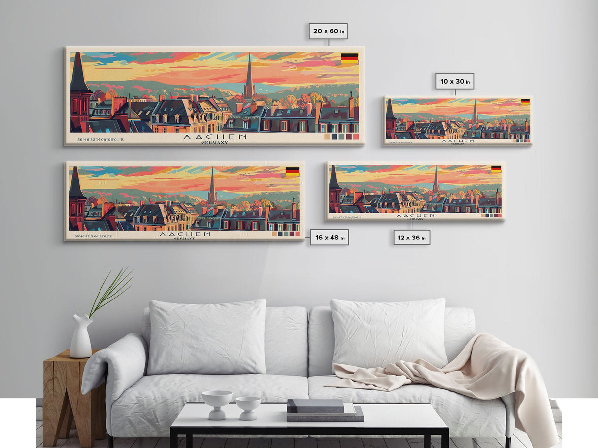 Aachen Germany Panoramic Travel Poster, Framed Canvas Print or Metal Wall Art, Travel Art, Home Decor, Panoramic Painting, Midcentury Art